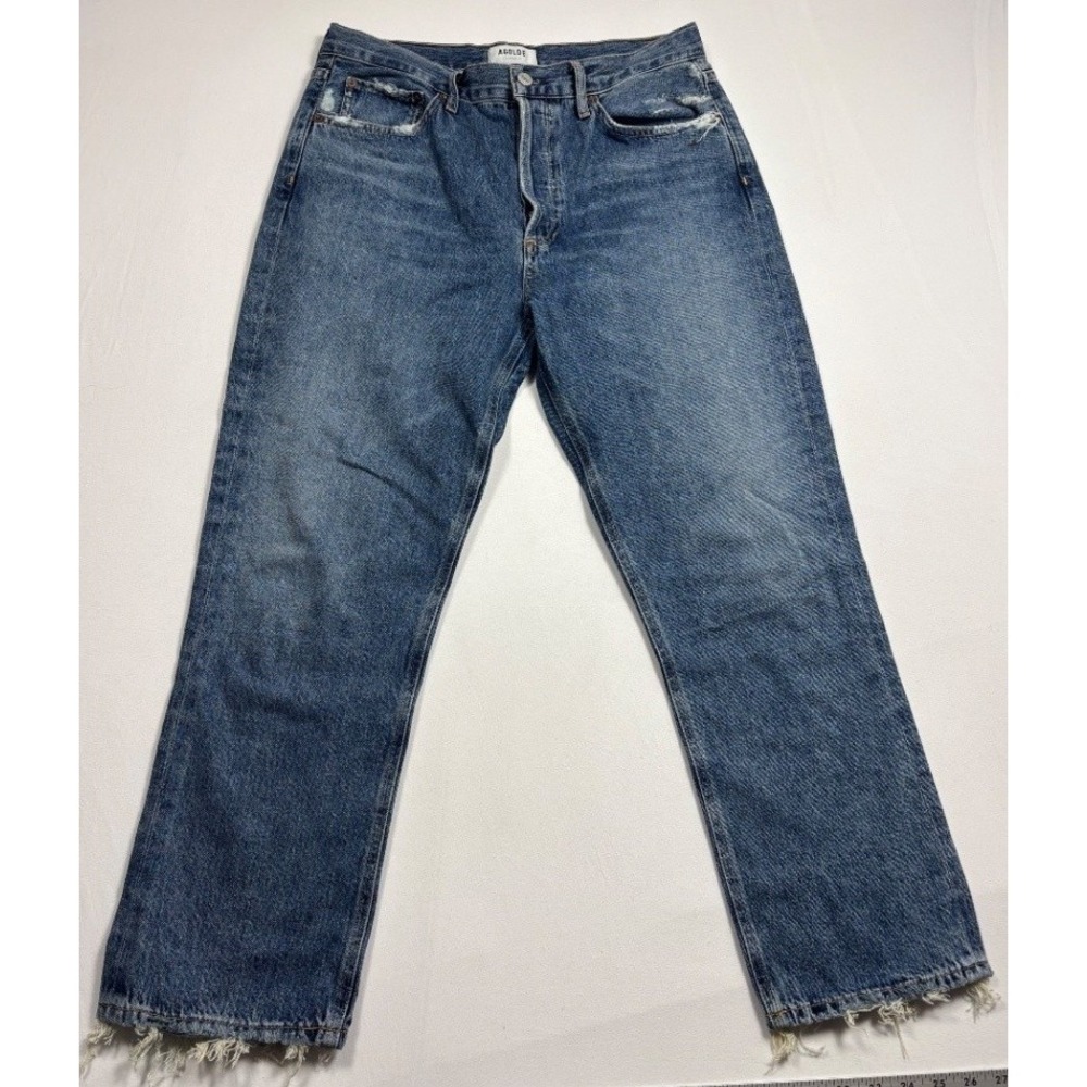 AGOLDE Riley Womens High Rise Straight Crop Jeans Blue Size 29 Raw Hem A056-293